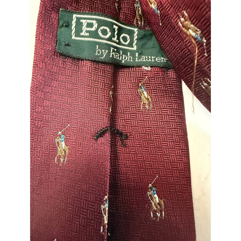 VTG Polo Ralph Lauren Necktie Burgundy Silk Polo Pony Embroidered Preppy 3.5" - Picture 4 of 8